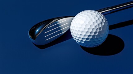 A golf club and ball positioned on a dark blue background, emphasizing sports equipment.