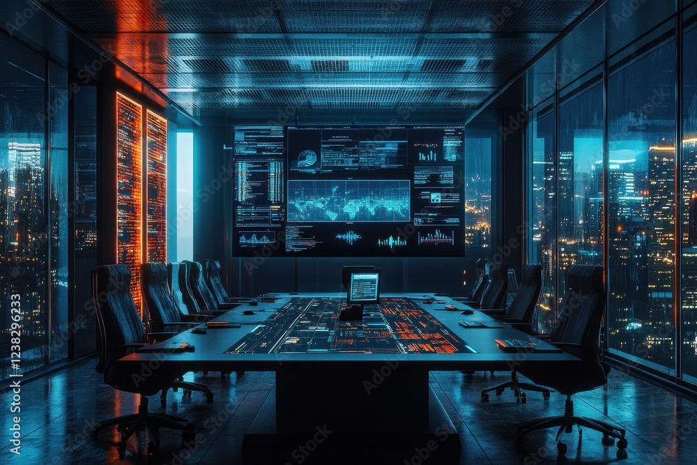 Poster futuristic tech control room, large screen displays data. ideal for cybersecurity, tech, and global 
