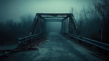 Dark abandoned bridge with fog, financial uncertainty, recession impact, economic downturn, moody atmosphere.