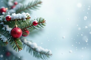 Red beads on a fir branch against a white winter wonderland backdrop, winter, wonderland