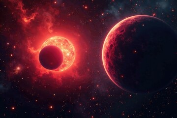 Naklejka premium Red dwarf star with large hot gas giant companion, galaxy, astronomy