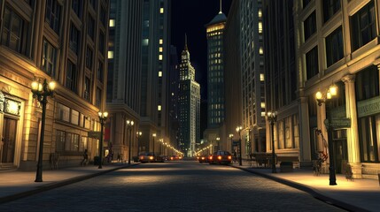 Deserted financial district street at night, economic downturn, business failures, recession background, dramatic lighting.