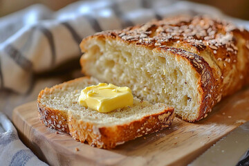 Freshly buttered bread on a wooden cutting board