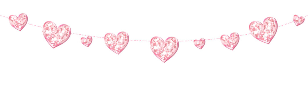 Seamless pink glitter hearts decoration. Valentines day frame, border. Wedding string ornaments isolated. Mothers day garland. Transparent background in vector file.