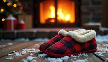 Red plaid slippers on a cold winter morning next to a crackling fireplace, warm, winter, cold winter morning