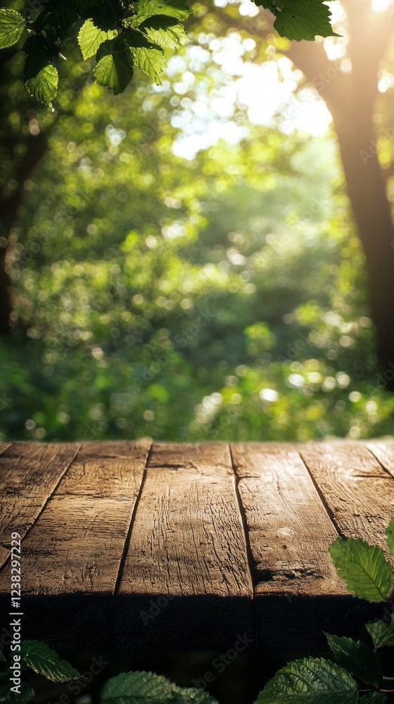 Poster warm sunlight filters through the trees, casting a gentle glow on a rustic wooden table surrounded b