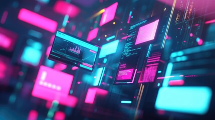 Obraz premium Digital content marketing concept with floating blog post, video, and infographic icons in a futuristic glowing interface.