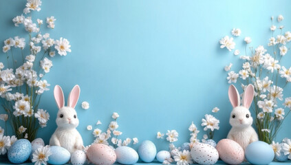 Minimalist Easter Day background . The scene features a soft pastel-colored with various Easter-related items such as decorated eggs, a small bunny figurine, and a few spring flowers
