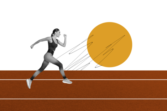 Creative collage picture young sportive girl run marathon fast go step tournament race track leggings top sportswear training