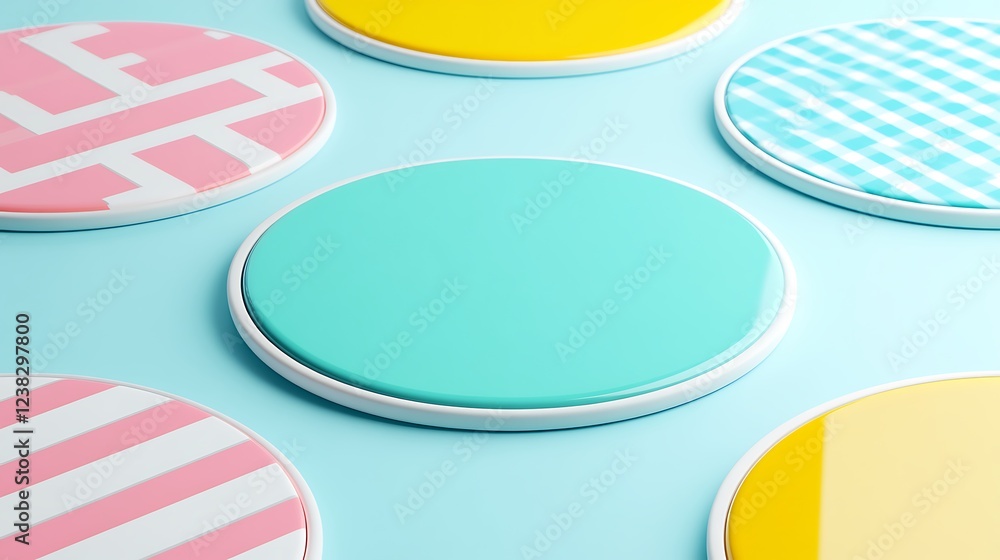 Poster colorful round coasters displayed on a light blue surface with various patterns and textures