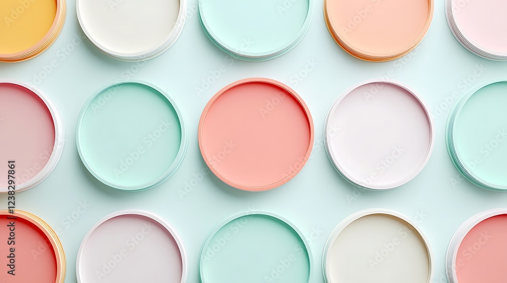 Poster colorful round containers arranged in a pattern on a soft turquoise background for creative design u