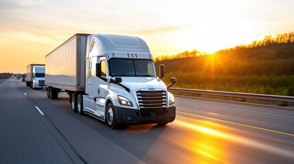 A truck driving on a highway at sunset, symbolizing transport and logistics.