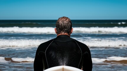 Fototapeta premium A surfer sitting on the beach, gazing at the ocean waves.