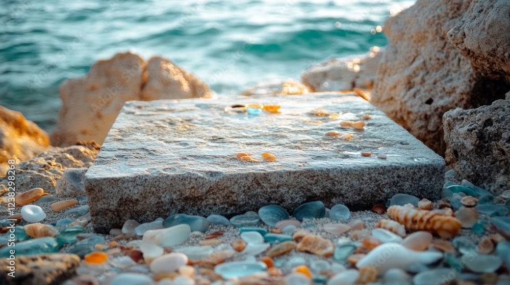 Poster colorful seashells and smooth pebbles scatter across a rocky shoreline, glinting under the warm sun,