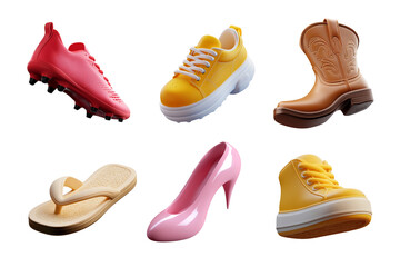 Different cute cartoon shoes 3D icons set. Cowboy shoe, soccer cleats, sneakers, heels, flip flop sandals, boots. Ai generated