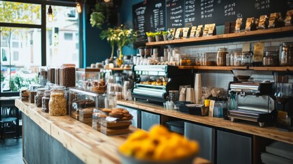 A Cozy Coffee Shop With Wooden Counters And Shelves Stocked With Various Goods.