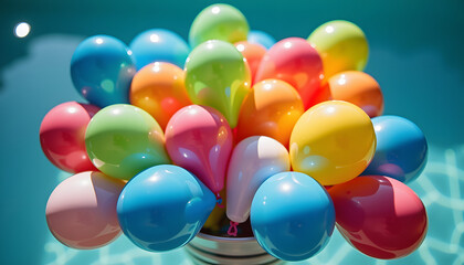 Colorful balloons in a bucket against a bright pool background, perfect for celebrations
