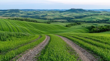 A scenic view of rolling green hills with a dirt path winding through the landscape.