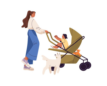 Young mother walks with son or daughter in baby carriage. Parent pushes pram, strolls with kid outdoors. Mom with child in buggy, perambulator. Flat isolated vector illustration on white background