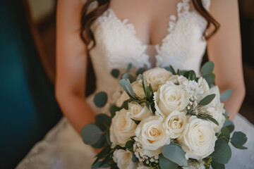 Naklejka premium Elegant bridal bouquet of white roses with greenery and bokeh lights in a romantic setting, perfect for wedding decor, celebrations, and floral design inspirations