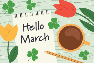 hello march written on a spiral notebook with clovers and tulip flowers- vector illustration © chrupka