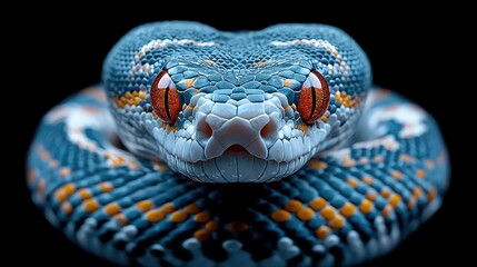 Fototapeta premium A close-up of a vibrant blue and orange snake with striking red eyes against a dark background.