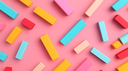 Colorful toy blocks scattered on a pink background ideal for playful and creative design concepts