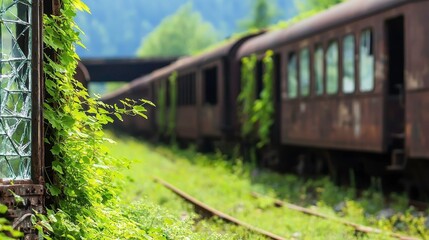 Obraz premium An overgrown train track with rusted cars partially obscured by lush green vegetation, showcasing nature's reclamation of abandoned railways.