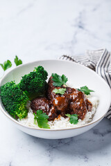 Beef meatballs with rice and broccoli. Scandinavian cuisine.