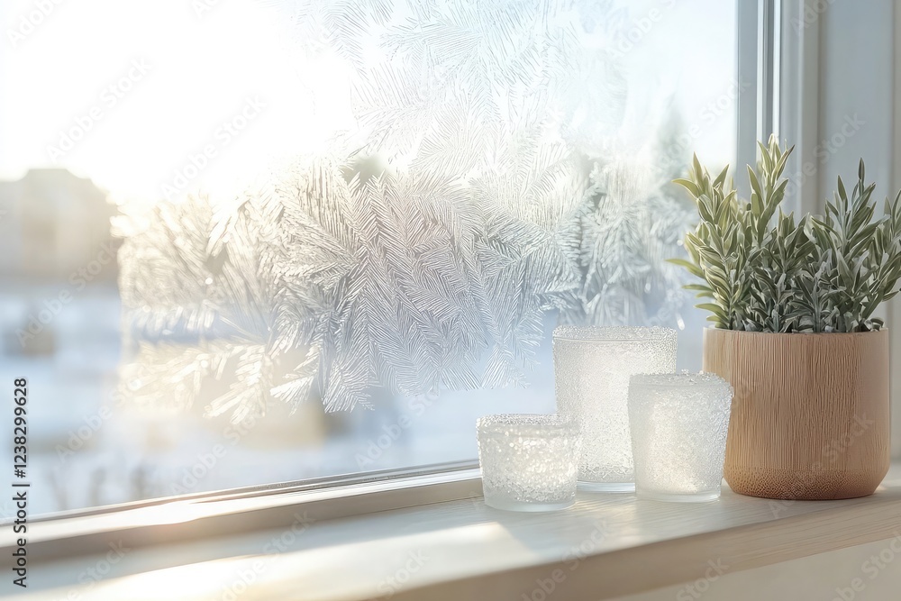 Poster frosted windowpane with intricate ice crystal patterns in natural light