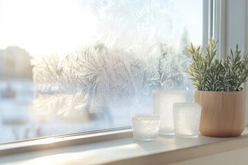 Frosted windowpane with intricate ice crystal patterns in natural light