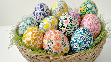 花模様のイースターエッグが入ったバスケット
