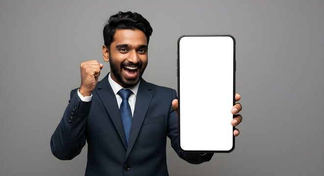 Happy indian business man standing isolated on gray holding mobile phone celebrating win money prize showing mockup white big cellphone screen advertising smartphone technology betting applications.
