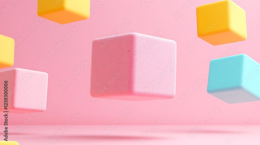 Poster floating colorful cubes on soft pink background for creative and playful design concepts