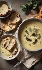 Sliced bread served on the side of a bowl filled with steaming hot artichoke soup , artichoke, filled