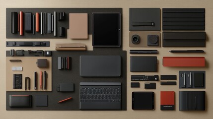 Obraz premium Flat lay of a minimalist workspace with a laptop, tablet, and smartphone, leaving room for office tech-related content.