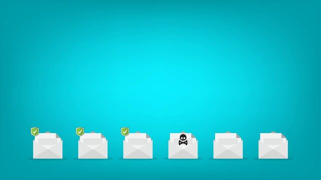 Email envelope with black document and skull icon. Virus, malware, email fraud, e-mail spam, phishing scam, hacker attack concept.