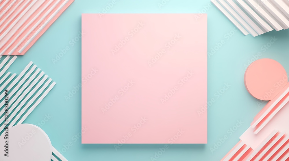 Poster minimalist background with soft pink square surrounded by pastel shapes and striped patterns for cre