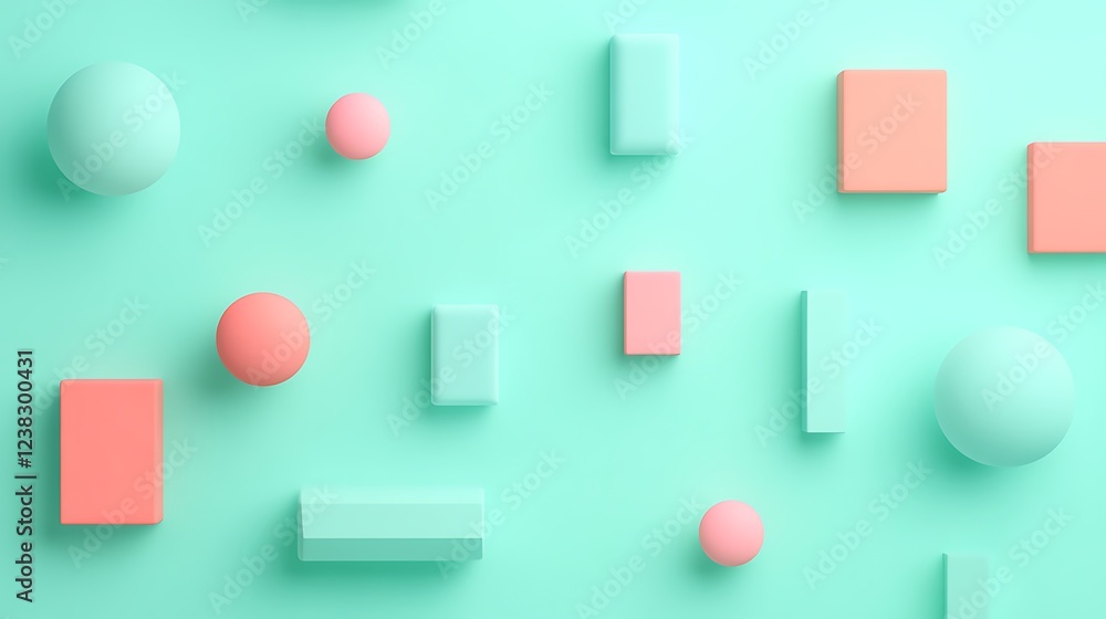 Poster minimalist geometry in soft pastel colors with various shapes on a smooth turquoise background