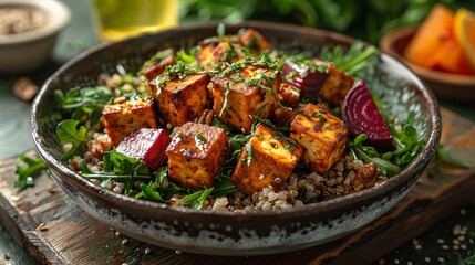 Tofu salad with buckwheat groats roasted beets