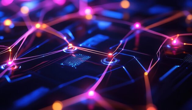 A vibrant, abstract depiction of a digital network, showcasing colorful connections and lights representing data flow.