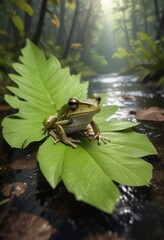Small Pacific chorus frog on a large Darmera leaf in a forest stream, Pacific chorus frog, water's edge