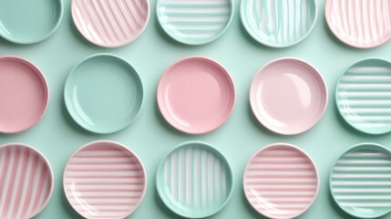Obraz premium Pairing Beautiful Pastel Plates in Soft Colors and Unique Patterns on a Solid Background for Home Decor Inspiration