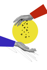 Trend artwork sketch image composite 3D photo collage of two hands arm appear levitate hold letters...