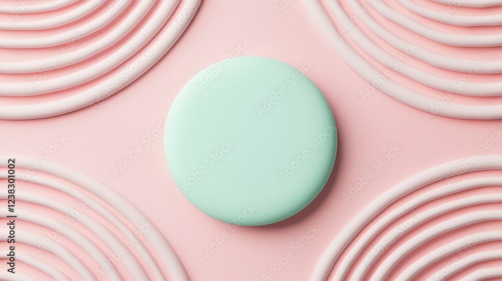 Aufkleber pastel green circular object surrounded by wavy pattern on soft pink background in studio setting