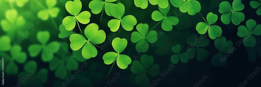 Poster lush green background with three leaf clovers in a dark shade adding depth and serenity to nature in