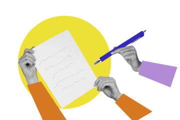 Creative picture collage human hands sign contract document deal agreement trade hire employment pen drawing doodles body fragments