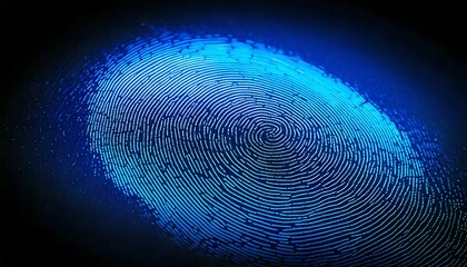Close-up of a human fingerprint under blue forensic light, revealing intricate ridge patterns and textures, with soft shadows and an empty space