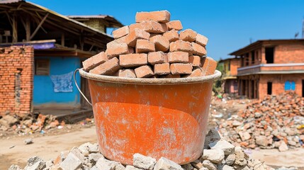 Naklejka premium A bucket filled with bricks sits on a pile of rubble in a construction area.