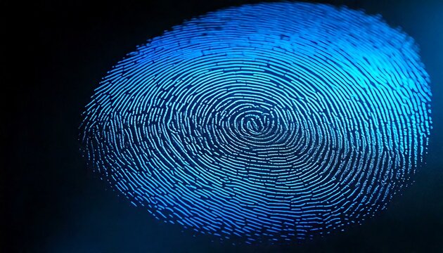 Close-up of a human fingerprint under blue forensic light, revealing intricate ridge patterns and textures, with soft shadows and an empty space
